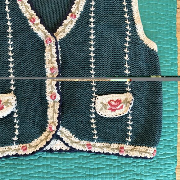 Vintage Erika Floral Embroidered Vest Women L Green Roses Cotton Cottagecore 90s - Picture 12 of 16